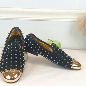 RESSO ROTH men's black suede gold studs and metal toe / chain loafers size 8